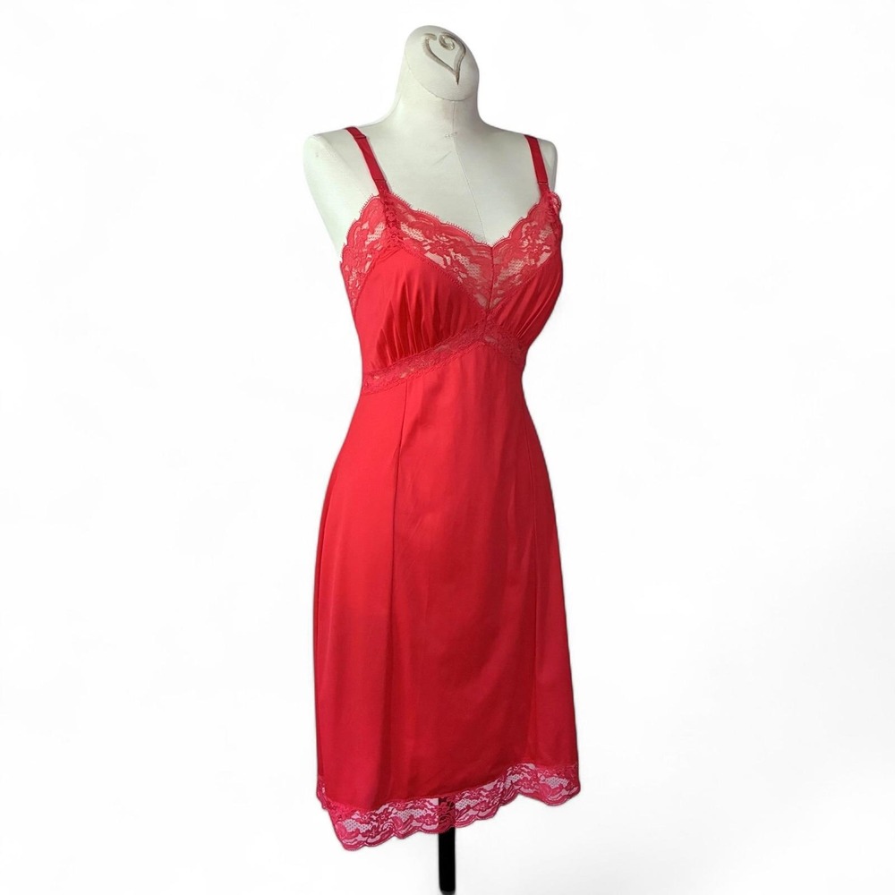 1960s Crimson Red Nylon Slip Dress Small - Picture 9 of 9